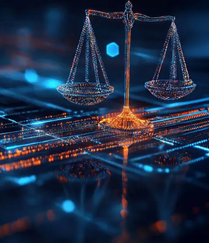 Digital scales of justice over an illuminated circuit board